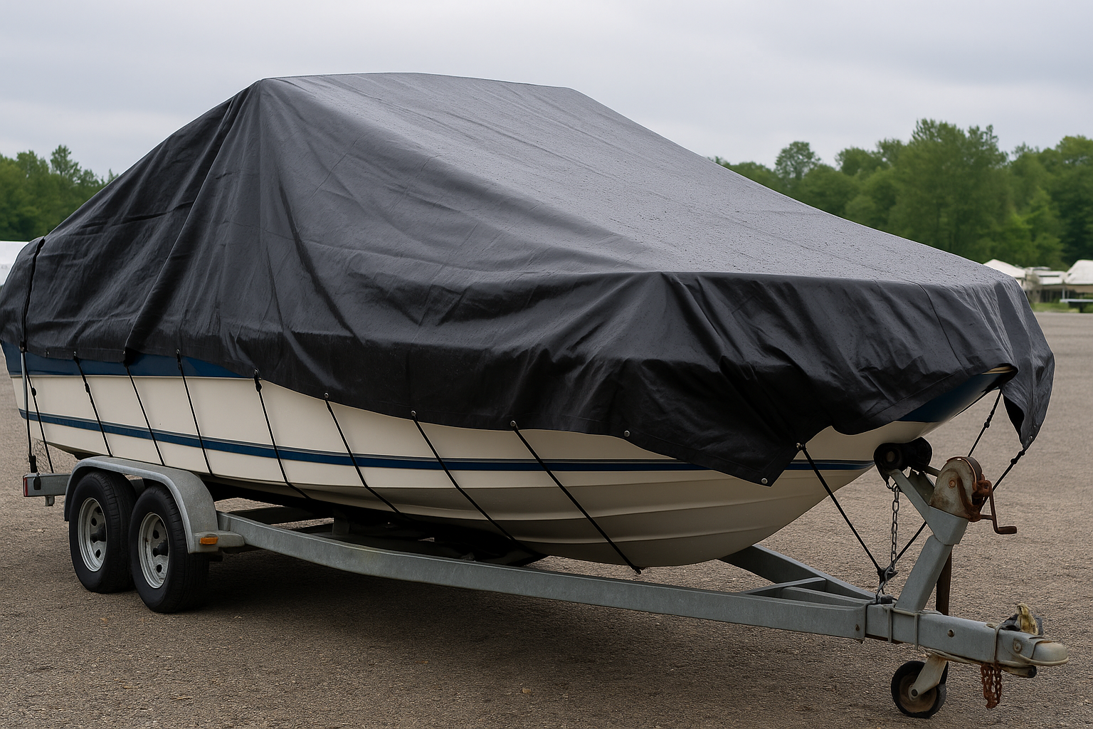 Upcycled black vinyl tarp used as a waterproof boat cover for outdoor storage