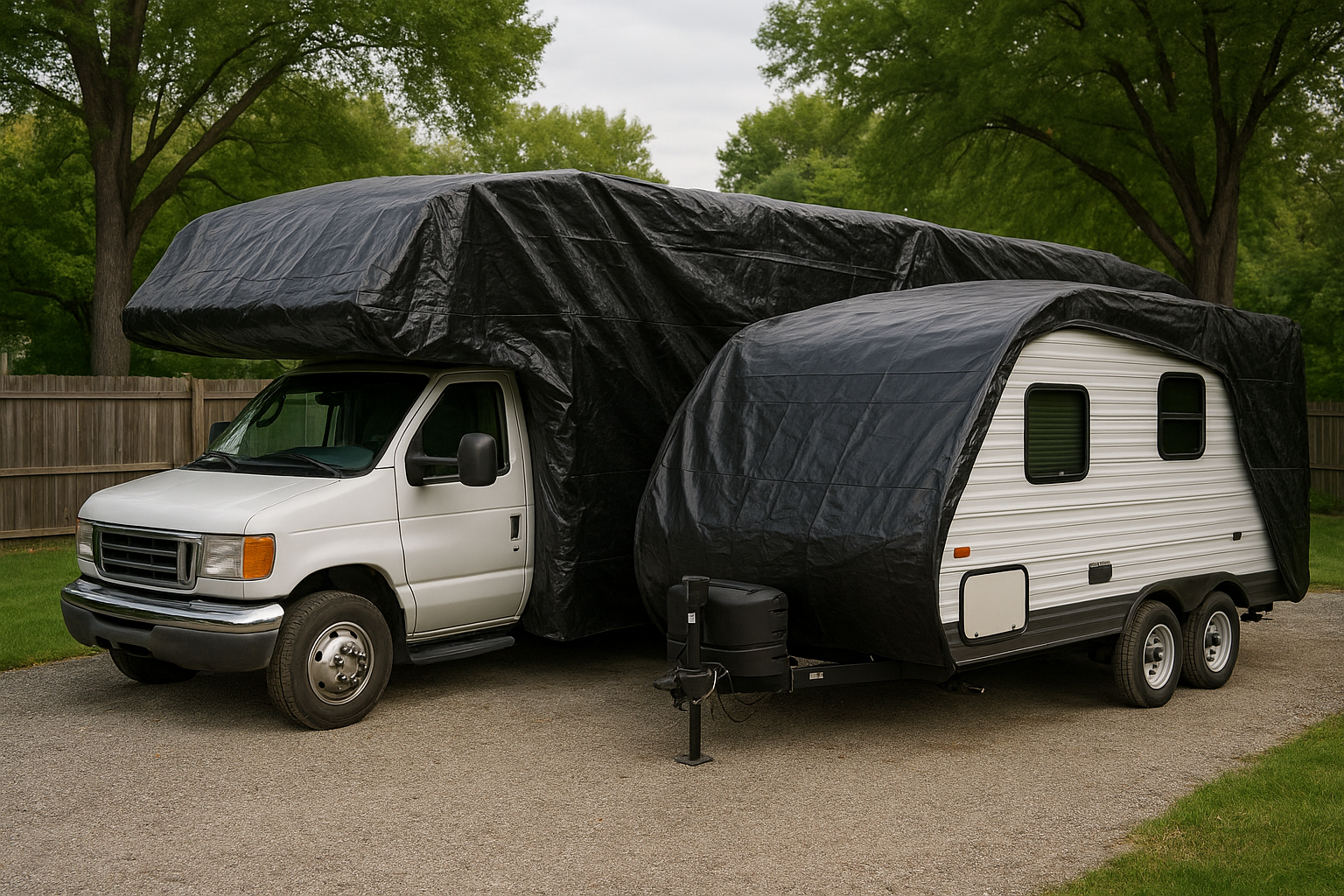 Heavy-duty billboard tarp covering an RV and camper trailer for weather protection